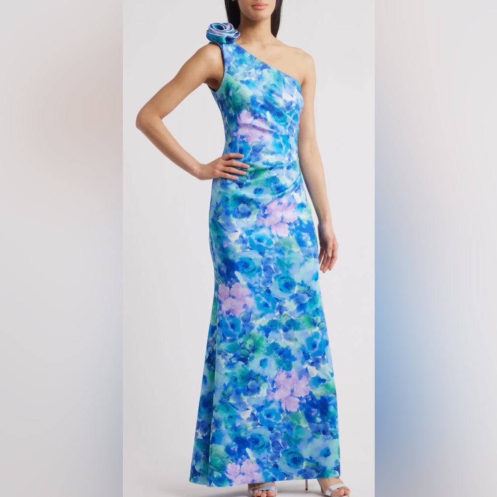 Eliza J Blue and Purple Floral One-Shoulder Dress